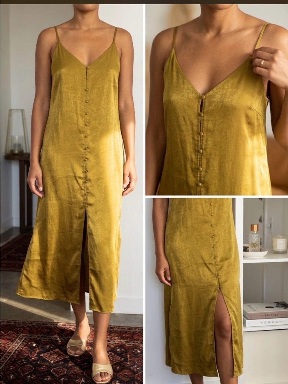J.O.A. Olive-Gold Satin Slip Maxi Dress with Front Buttons